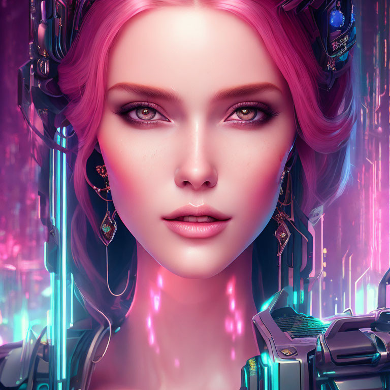 Close-up of woman with pink hair and futuristic headphones in neon-lit setting