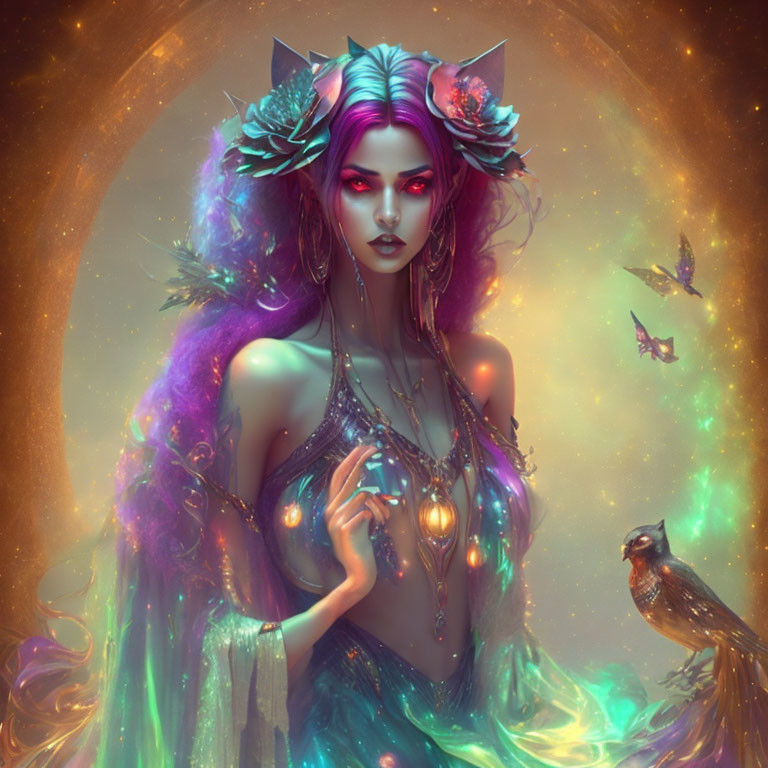 Mystical Female Figure with Purple Hair and Floral Antlers surrounded by Butterflies and Bird