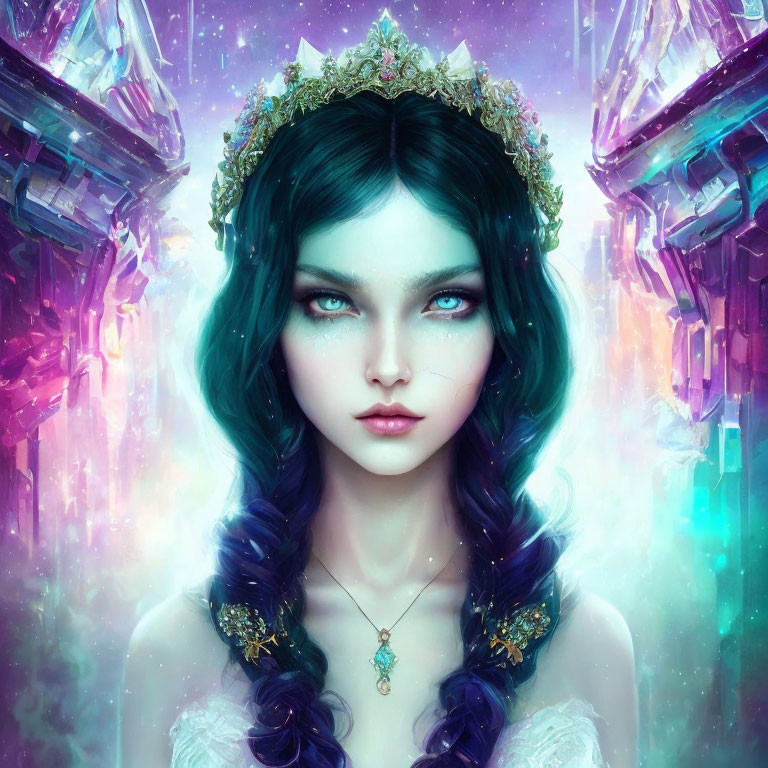 Fantasy digital artwork of female figure with emerald green hair and crystal crown on purple crystal background