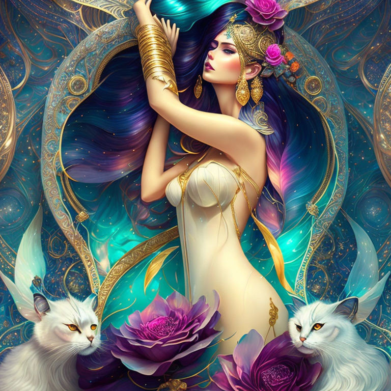 Illustration of woman with gold jewelry and white cats in celestial setting