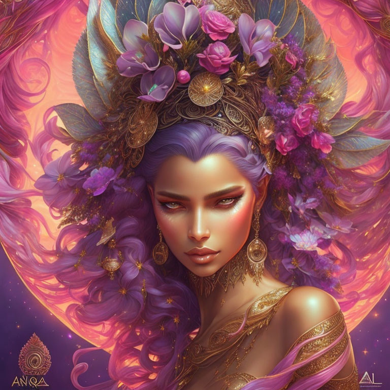 Violet-skinned woman with purple hair and golden jewelry in swirling pink background
