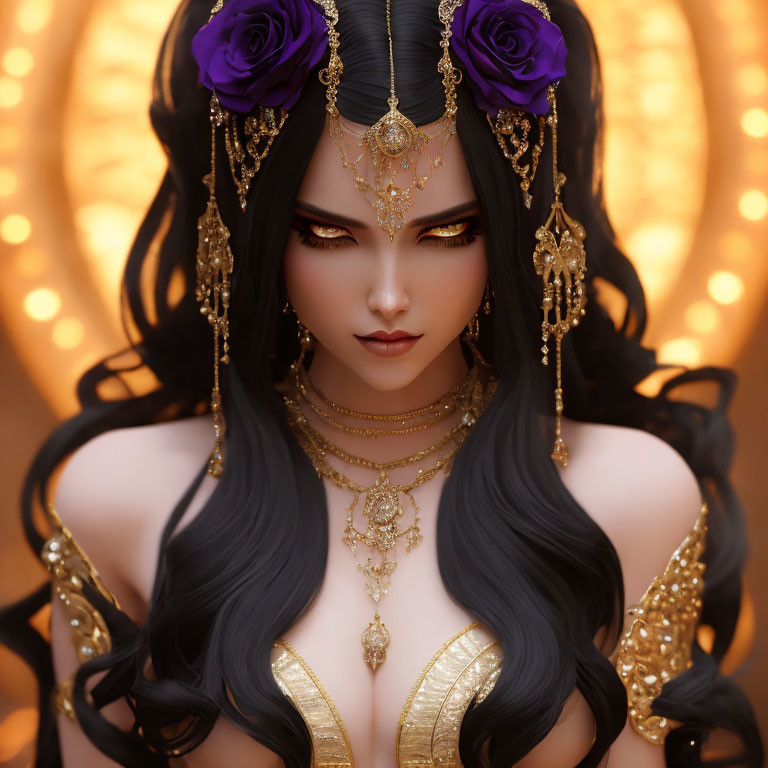 Digital artwork featuring woman with striking eyes, gold jewelry, and purple roses on glowing golden background