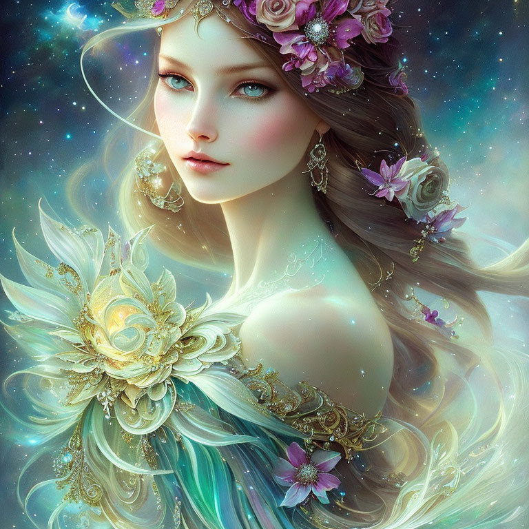 Fantasy illustration of ethereal woman in floral crown and golden dress.