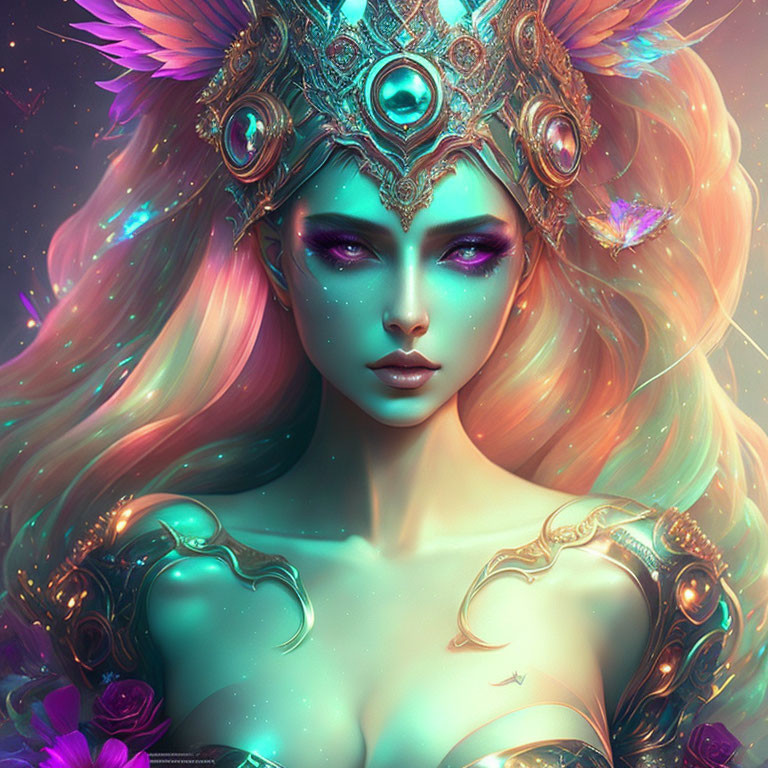 Colorful female figure with flowing hair, purple eyes, ornate headdress, and metallic armor.