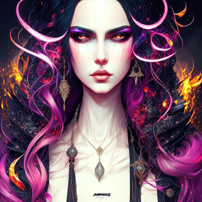 Fantastical female character with purple hair, dark makeup, fiery effects, and intricate jewelry.