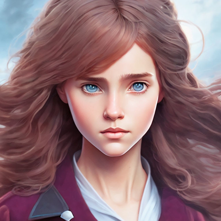 Portrait of girl with large blue eyes and wavy brown hair in burgundy jacket