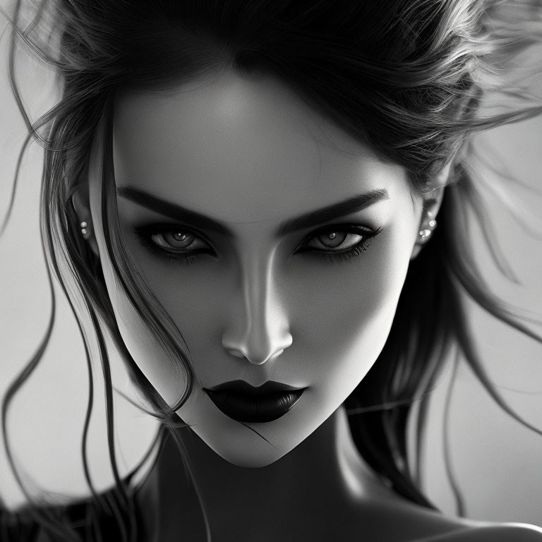 Monochrome portrait of a woman with striking eyes and bold dark lipstick