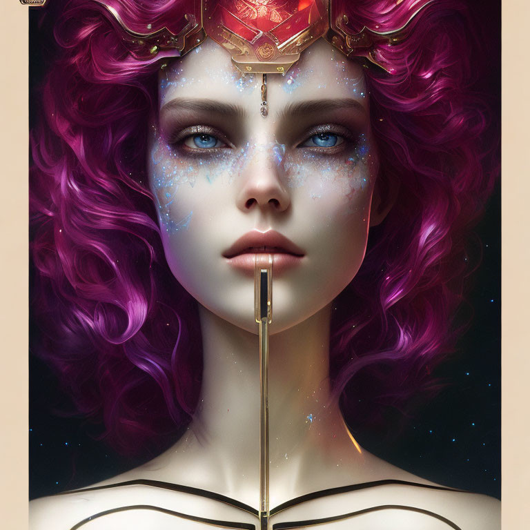 Fantastical female character portrait with purple hair, blue starry makeup, golden crown, and sword