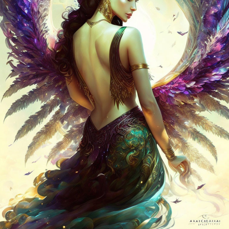 Iridescent-winged woman in ornate attire with flowing feathery hair