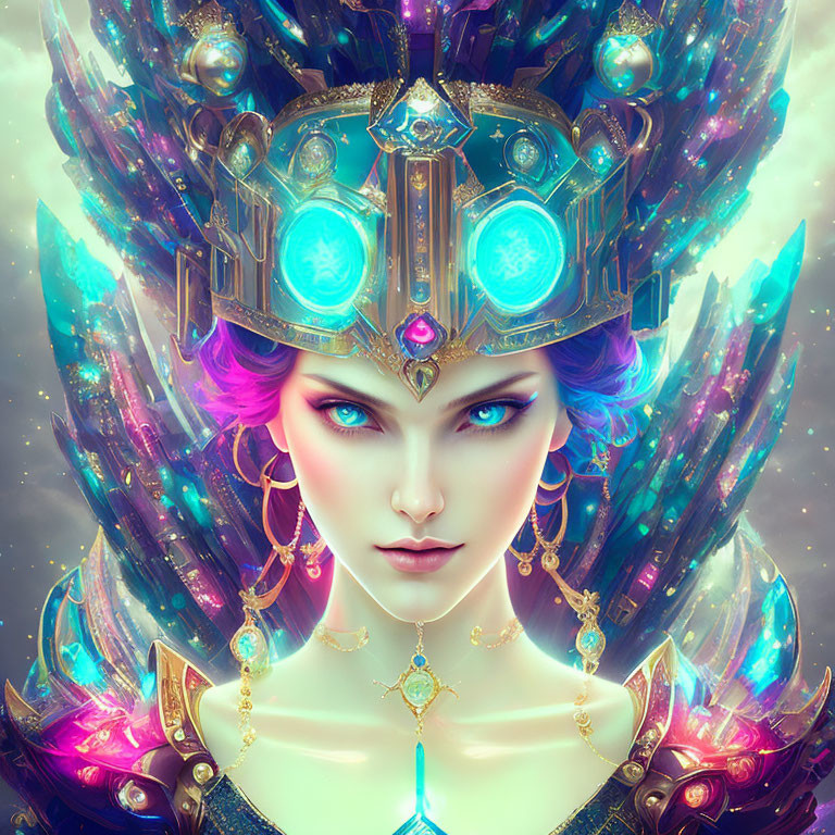Digital Artwork: Female Figure with Purple Hair and Jewel-Encrusted Crown