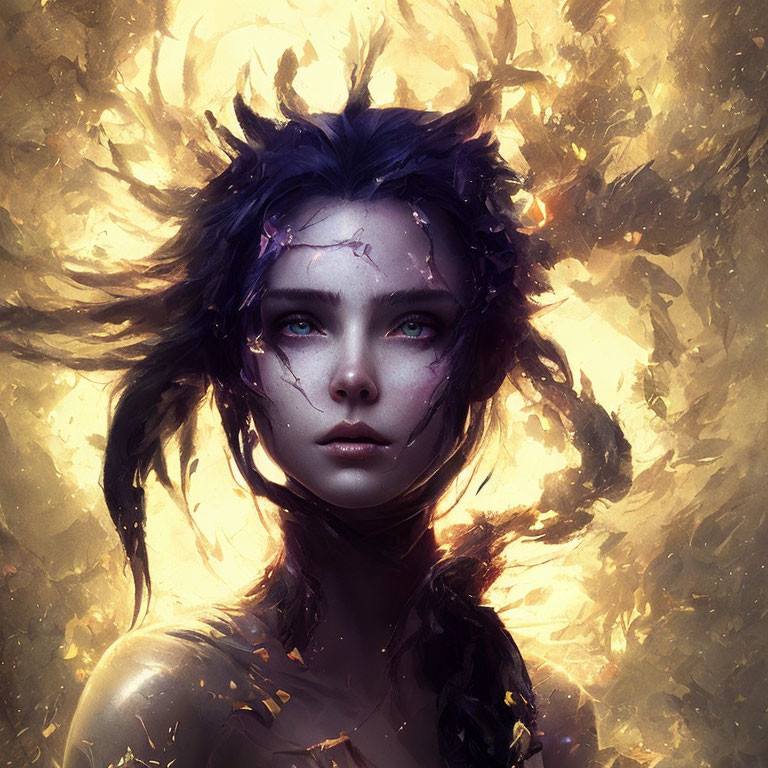 Digital Artwork: Woman with Glowing, Fiery Shapes and Purple Accents
