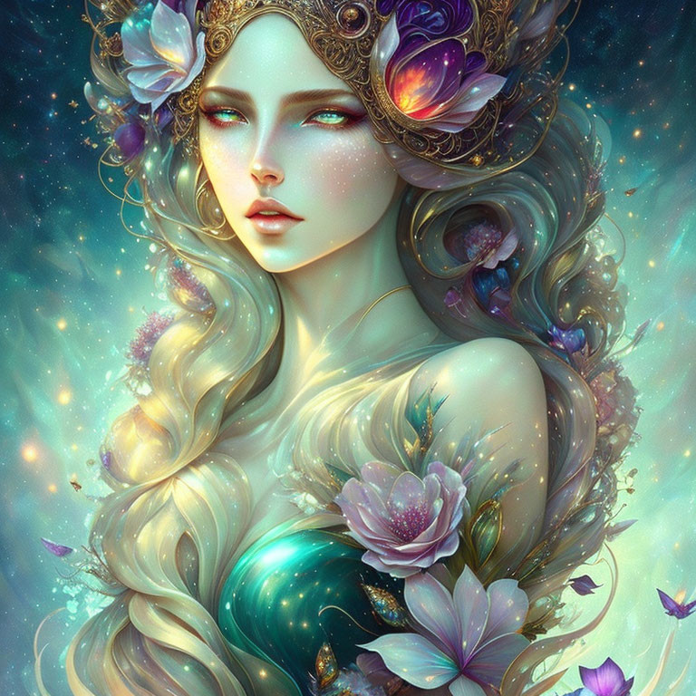 Fantasy illustration of woman with flowing hair and jeweled headdress on cosmic backdrop