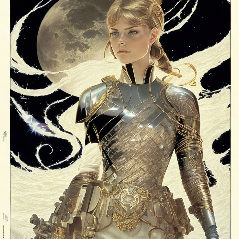 Futuristic female warrior in ornate metallic armor against cosmic backdrop