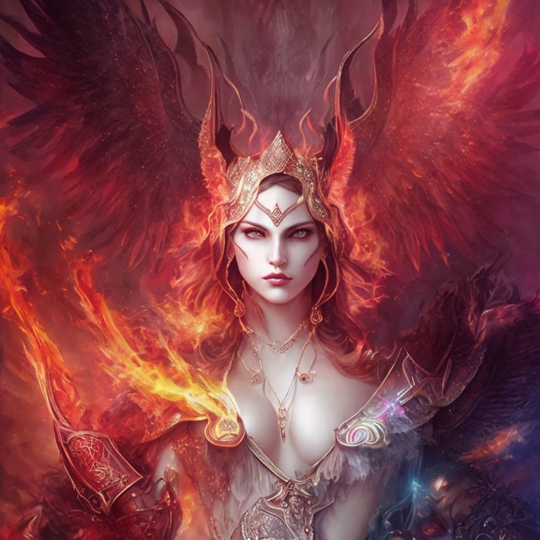 Armored fantasy woman with fiery wings in dark mystical setting