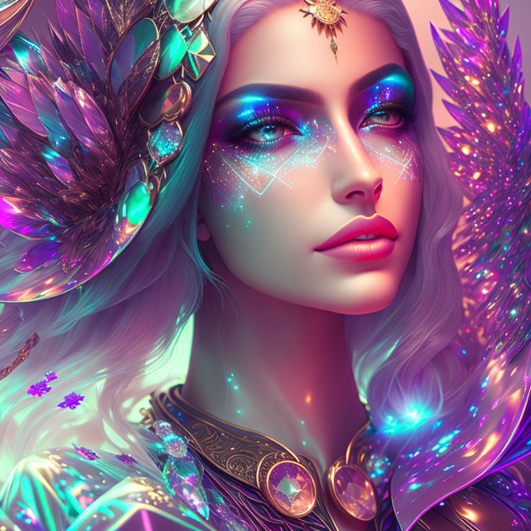 Colorful illustration of a mystical woman with iridescent feathers and ornate jewelry