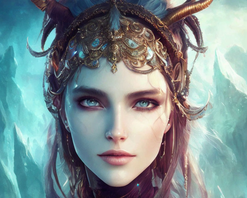 Fantasy portrait of woman with horns and ornate headdress on frosty blue background