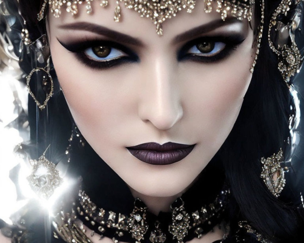 Woman with Intense Makeup and Luxurious Golden Headdress and Jewelry