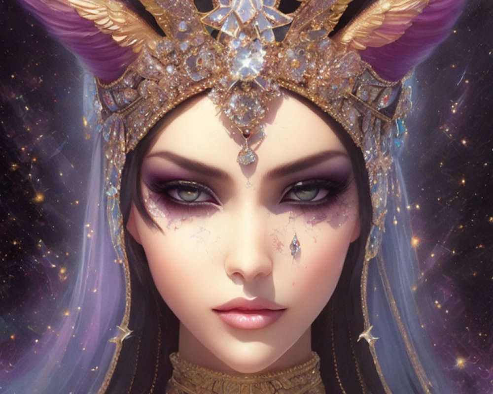 Fantasy digital artwork: Purple-eyed figure with golden crown and feathered ears