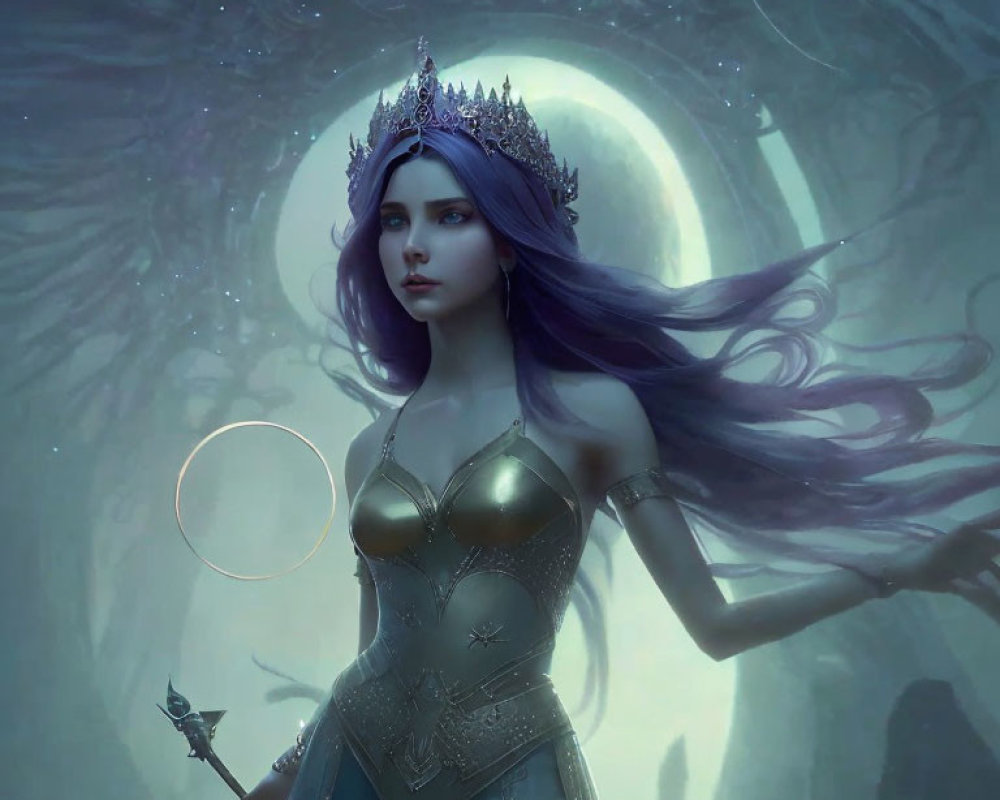 Silver Crowned Elf Queen Holding Scepter in Moonlit Forest