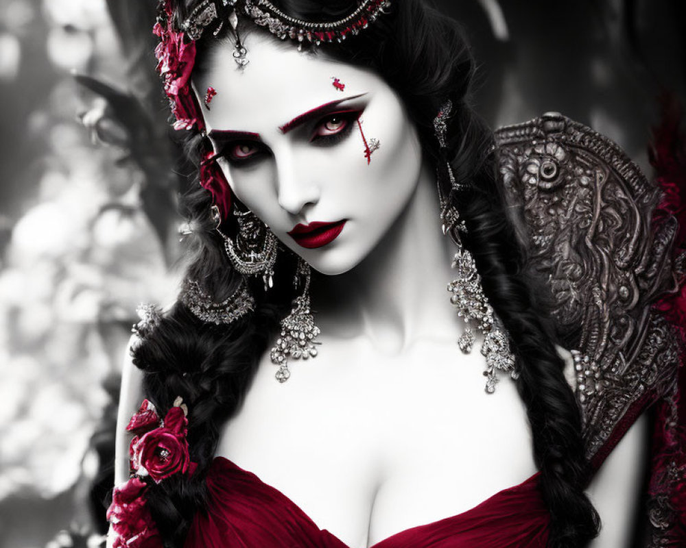 Gothic-styled woman in red and black makeup with ornate jewelry on floral backdrop