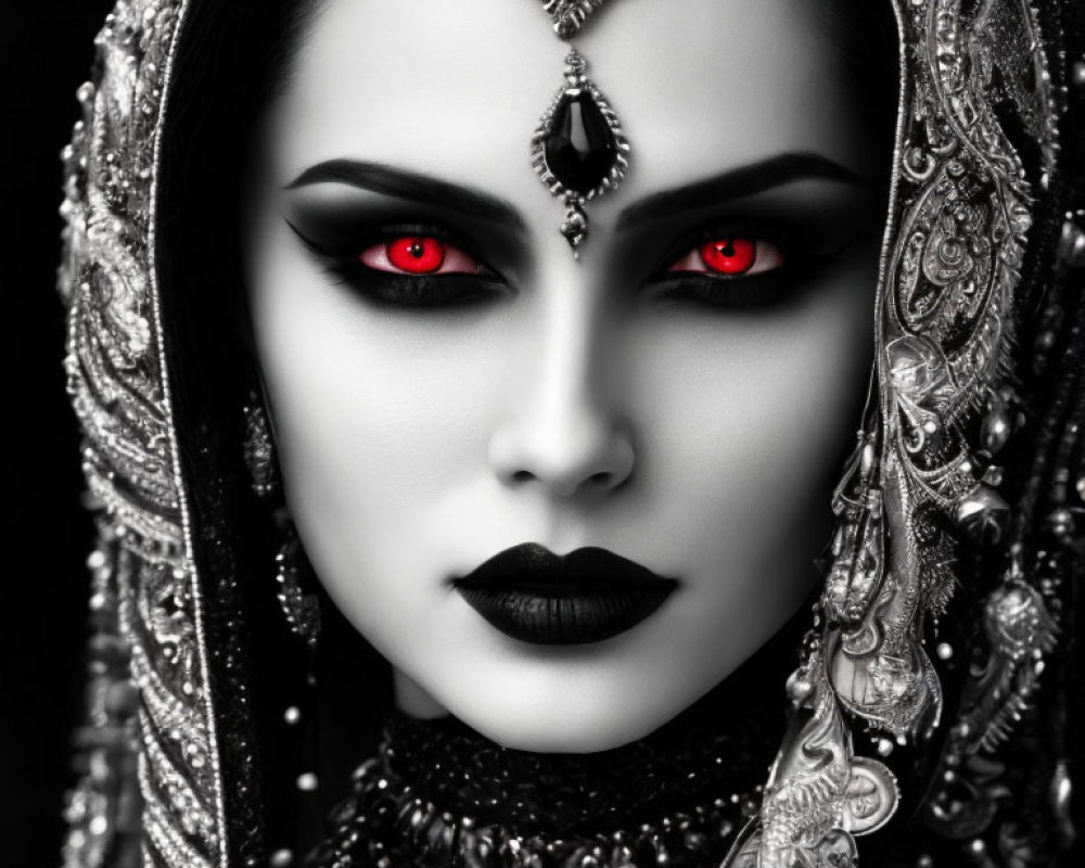 Monochromatic image of woman with red eyes, silver head jewelry, and dark makeup