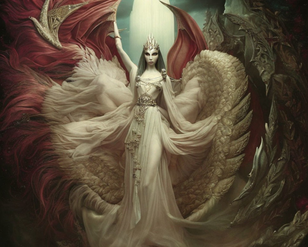 Majestic figure with angelic and demonic wings in darkness