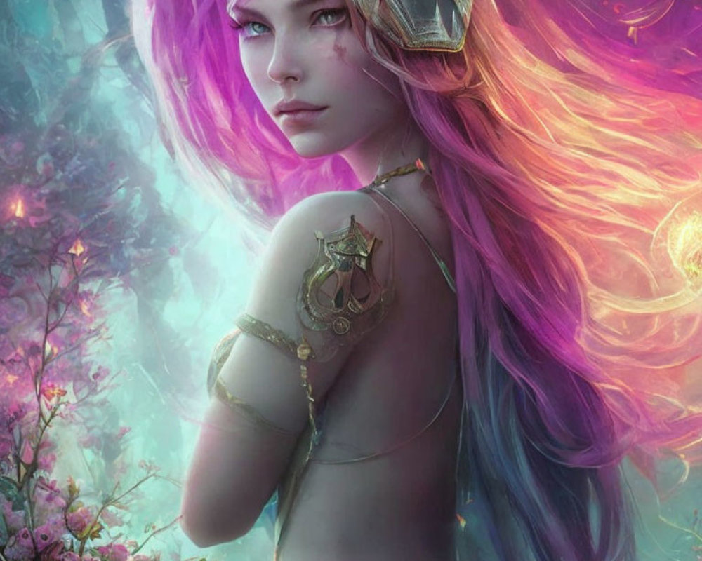 Female fantasy warrior with purple hair and blue eyes in metal helmet and golden armor in floral background