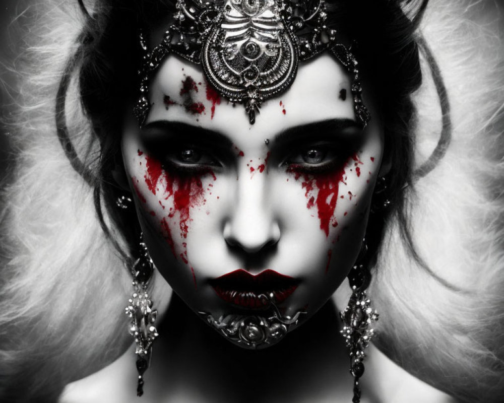 High-Contrast Black and White Portrait of Woman with Dramatic Makeup and Ornate Head Jewelry