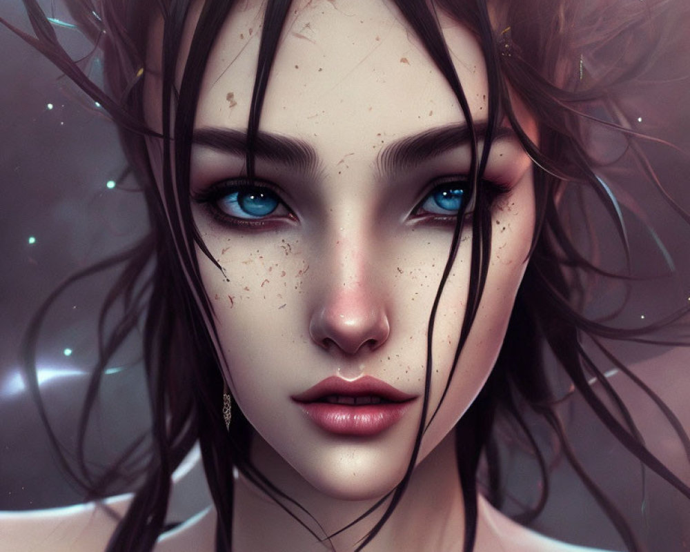 Detailed digital portrait of female with freckles, intense blue eyes, and dark hair.