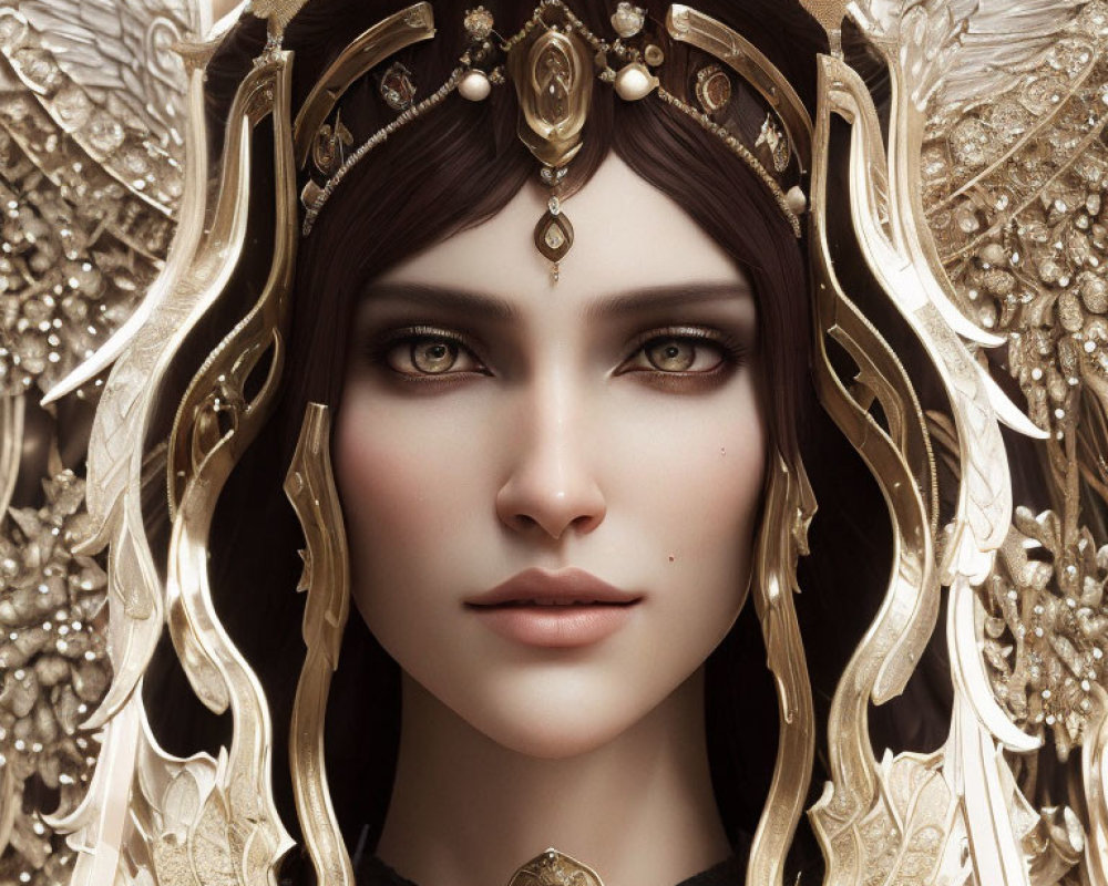 Detailed portrait of fantasy character with intricate golden headgear and jewelry, large green eyes, and poised expression