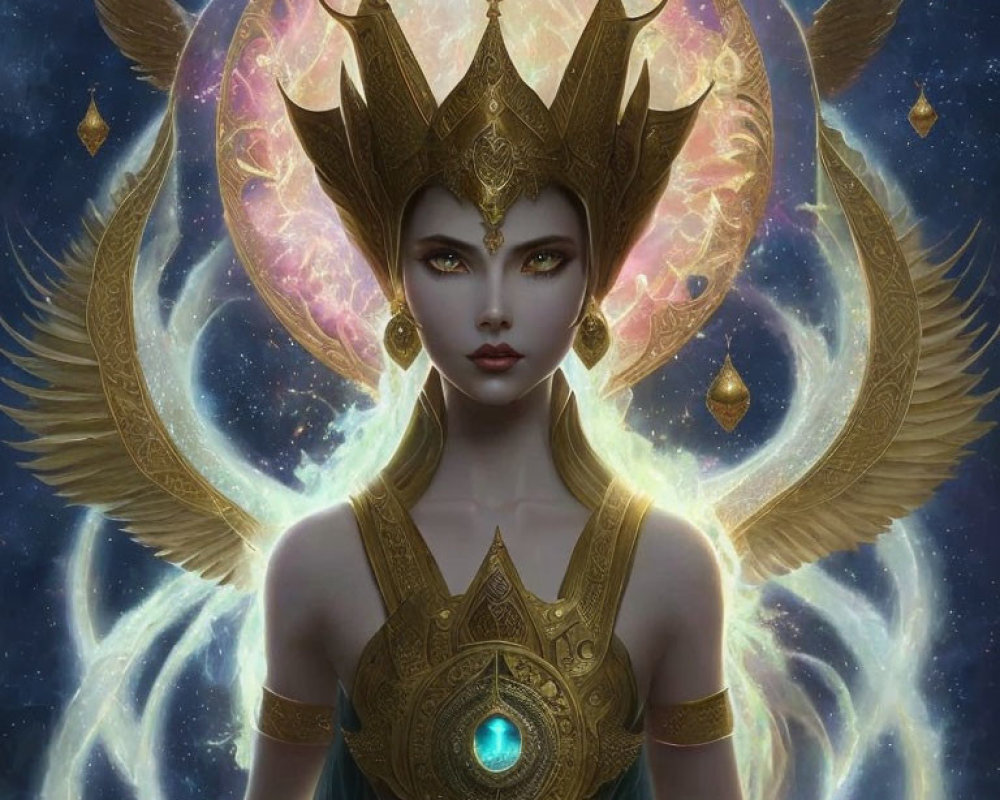 Golden-crowned female figure in cosmic setting with glowing moon.