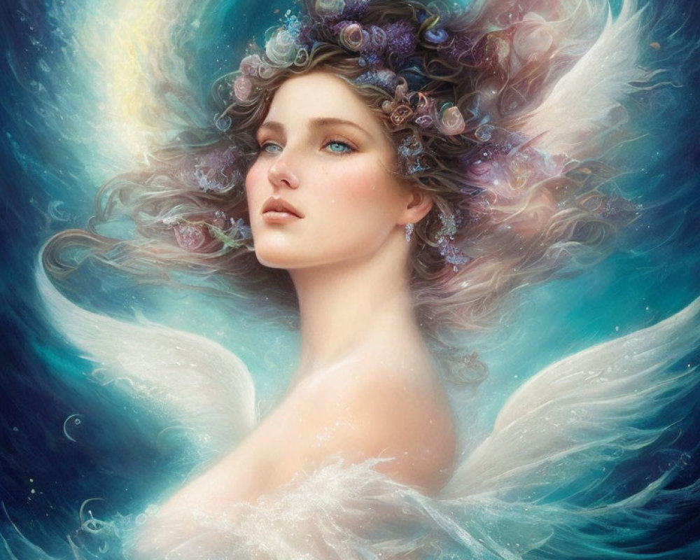 Woman with angelic wings in soft blue tones and roses in her hair.
