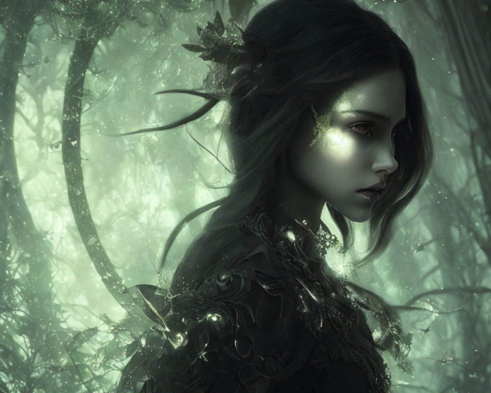 Mystical Woman Glowing Eyes Enchanted Woods Foliage Attire