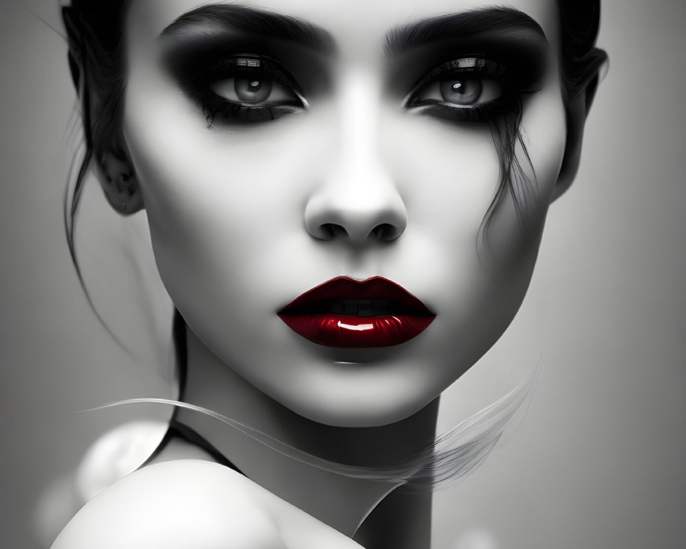 Monochrome portrait of a woman with red lips and defined makeup
