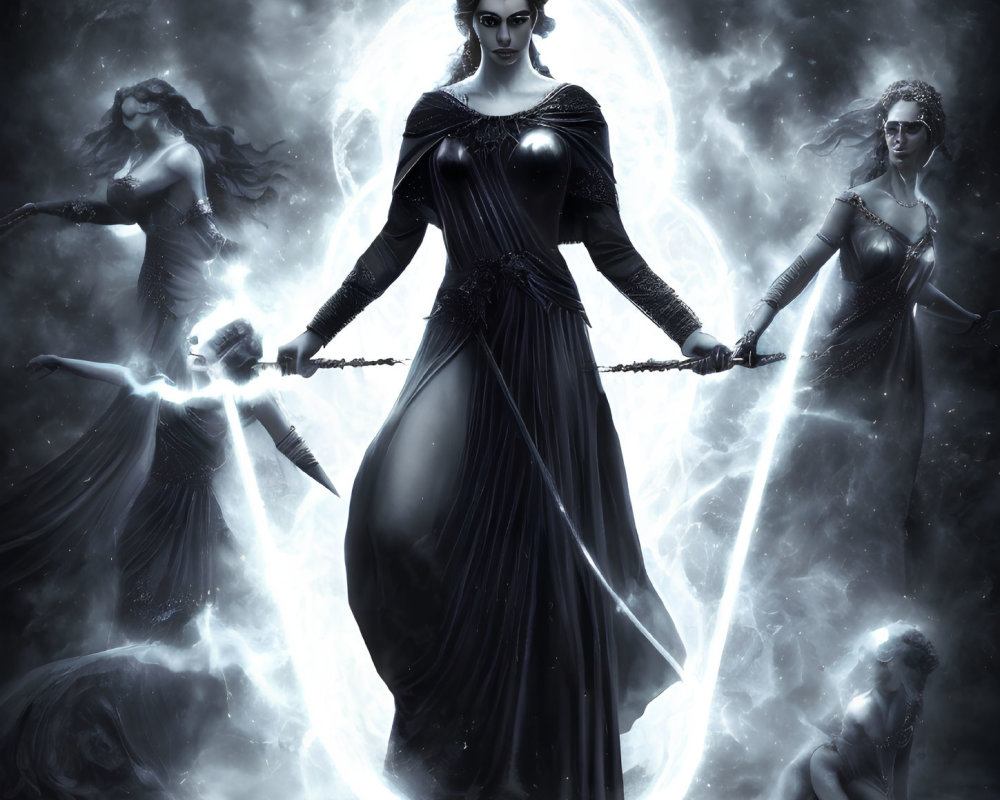 Ethereal women in dark dresses with sword in mystical circle