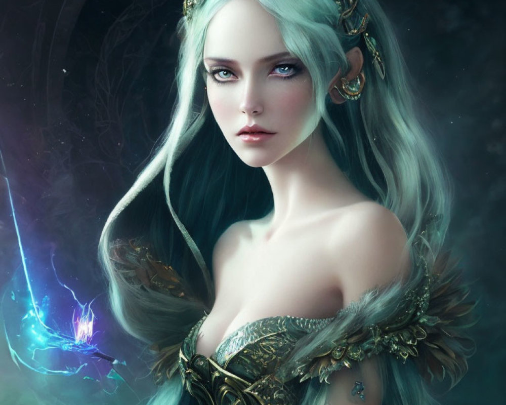 Ethereal woman with pale blue hair and glowing eyes in fantasy art