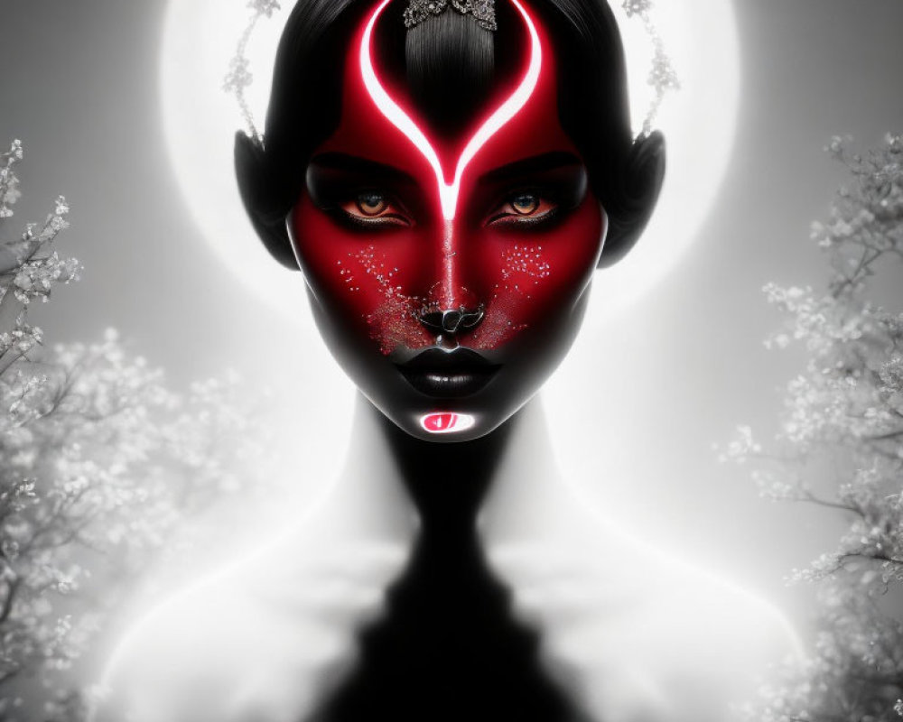 Digital artwork: Woman with dark skin, red facial markings, white halo, and blossoms on black