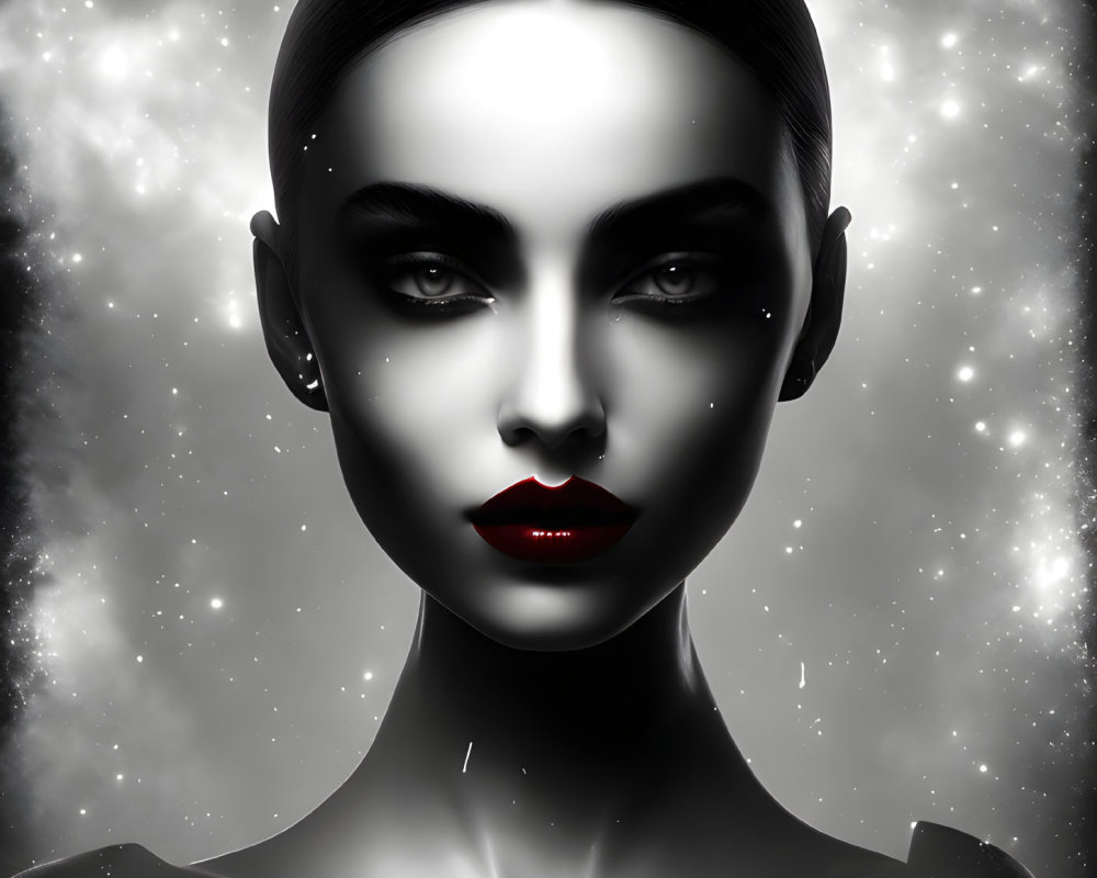 Monochrome portrait of a woman with striking makeup against a cosmic backdrop