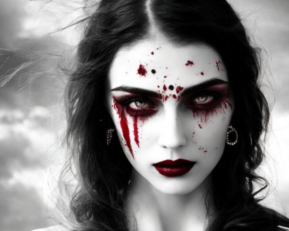 Woman with Gothic Horror Makeup: Pale Skin, Dark Lips, Black & White Hair, Dramatic Red