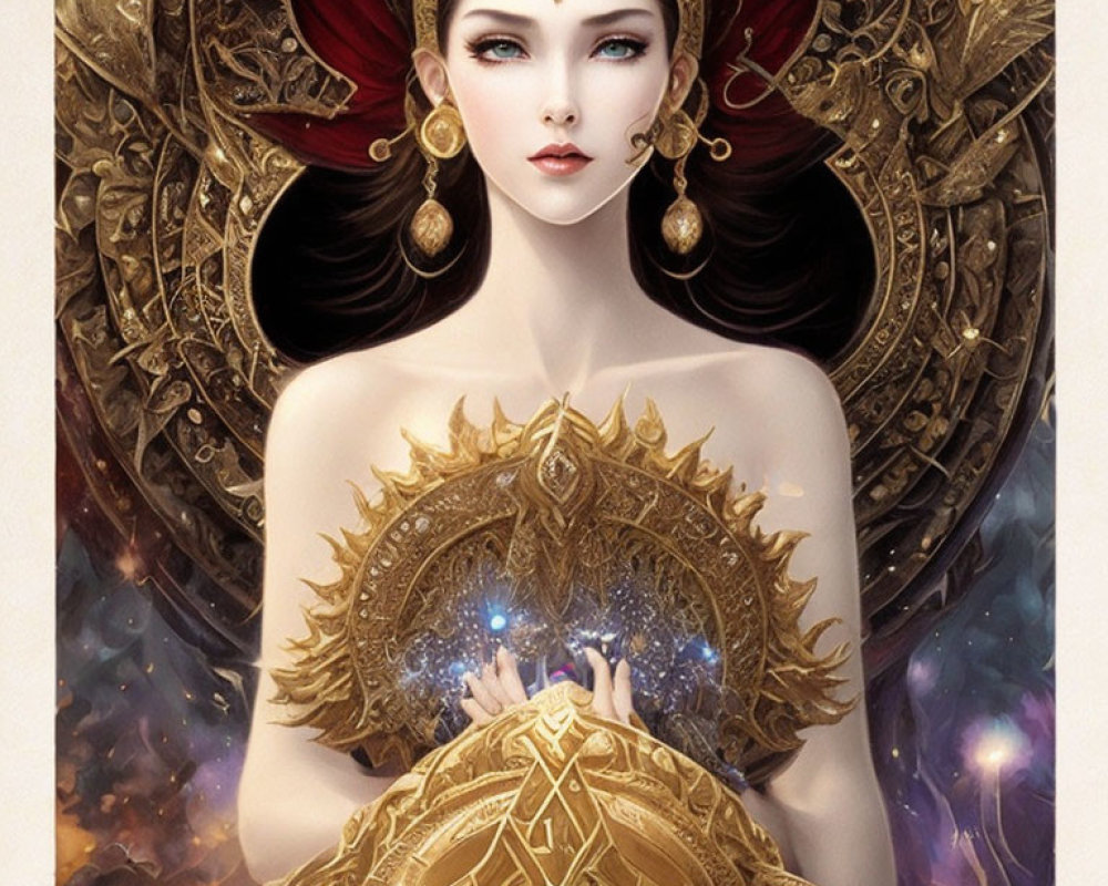 Illustrated female figure with blue eyes and golden headdress holding glowing orb in cosmic setting