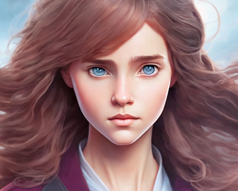 Portrait of girl with large blue eyes and wavy brown hair in burgundy jacket