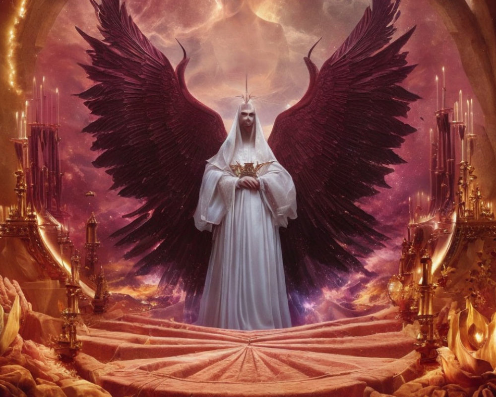 Ethereal figure in white with black wings against ornate golden backdrop