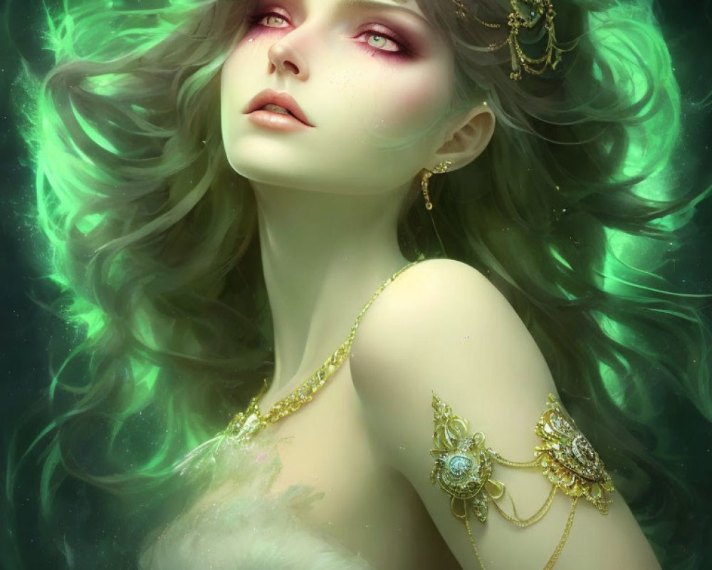 Blonde Woman with Gold Jewelry and Ethereal Green Glow