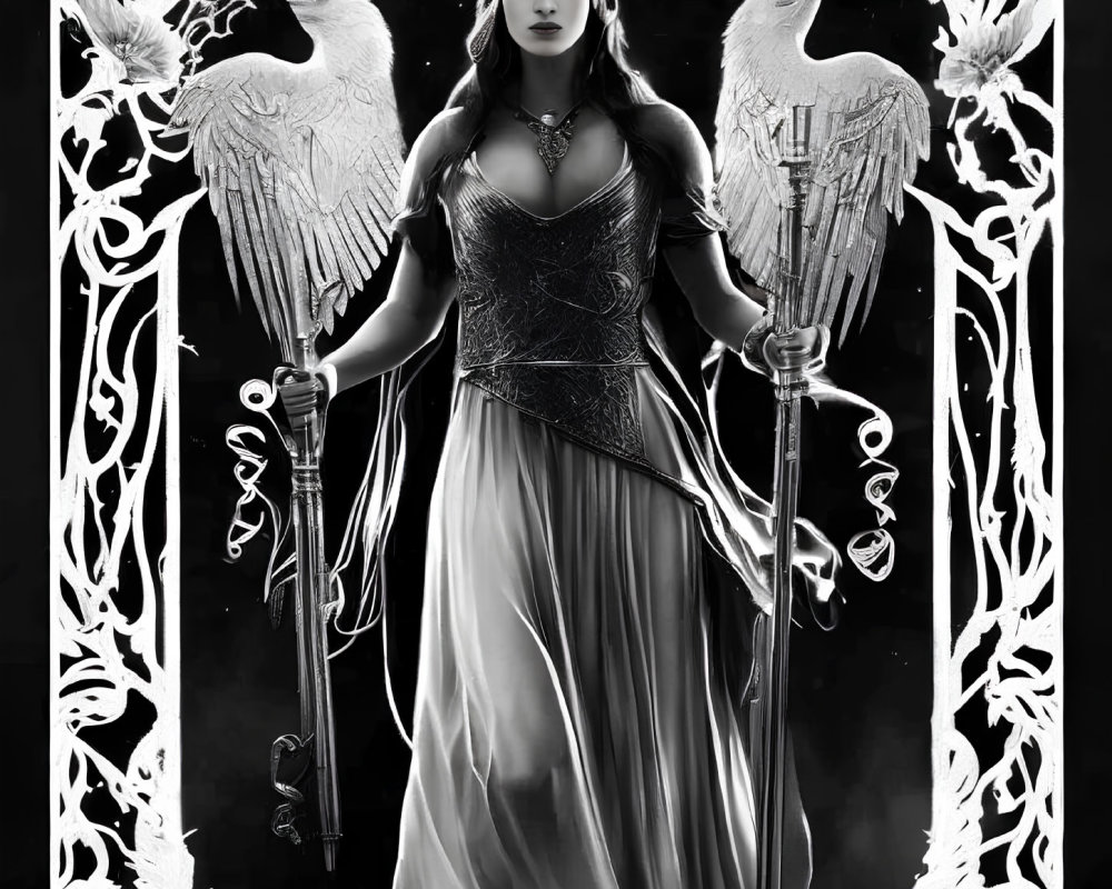 Monochrome fantasy image of woman with wings, gown, sword, staff, and floral patterns