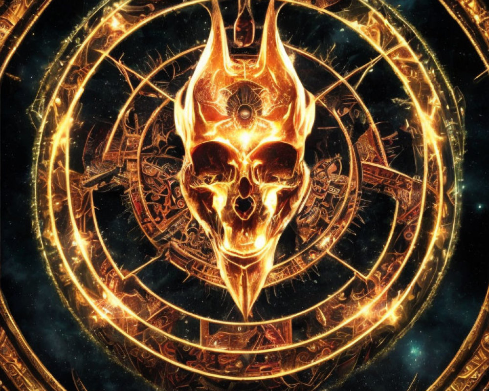 Golden Skull with Celestial Clockwork on Cosmic Background
