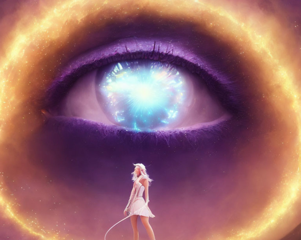 Surreal cosmic scene: giant eye in nebula, woman with staff