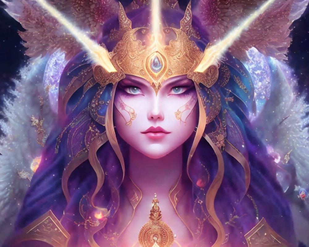 Fantastical female figure with violet eyes and golden headdress.