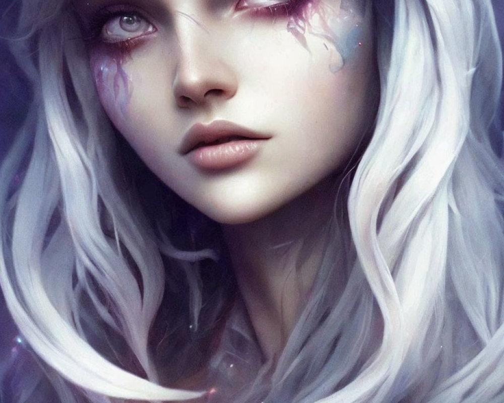 Digital artwork: Pale-skinned woman with long white hair and captivating eyes, featuring subtle purple hues and