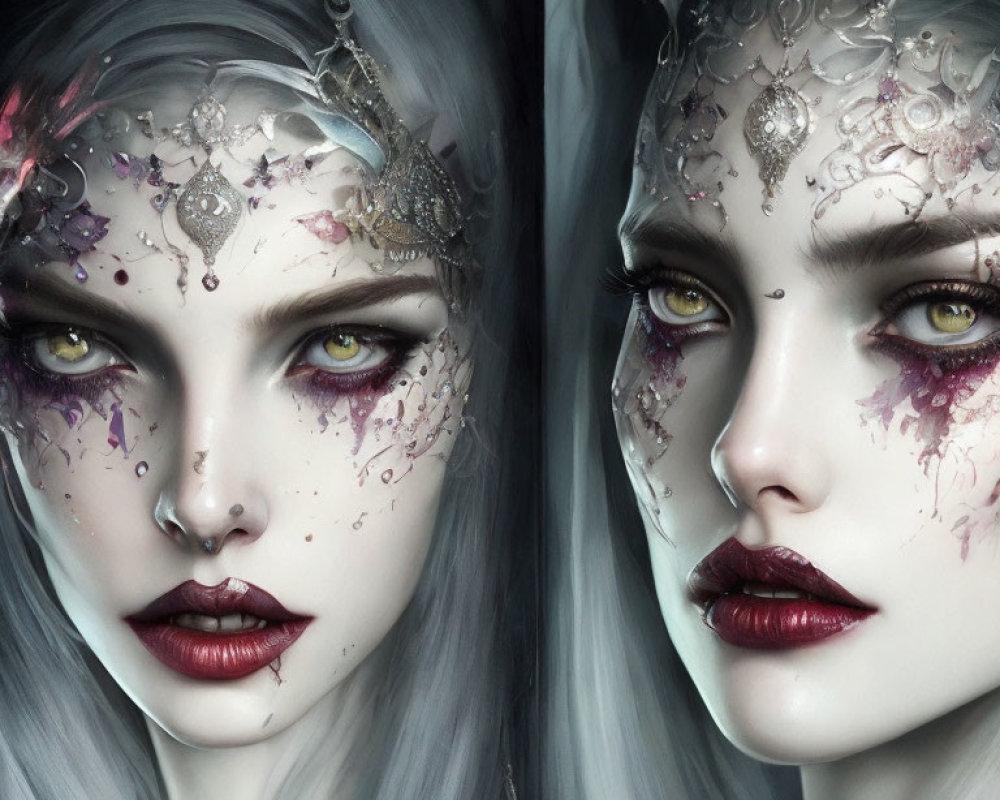 Symmetric Fantasy Female Portrait with Silver Hair and Yellow Eyes