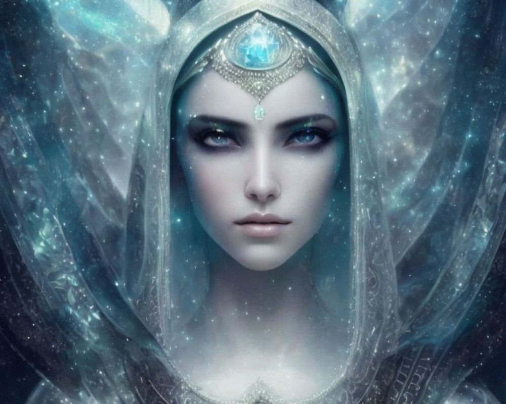 Digital Artwork: Woman with Striking Blue Eyes and Ethereal Headpiece